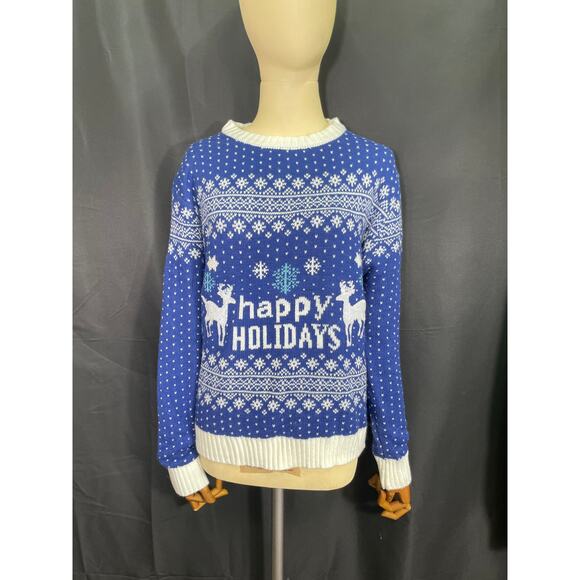 Happy Holidays Sweater Electric Blue with Sequence Reindeer and White Snowflakes - Picture 1 of 7